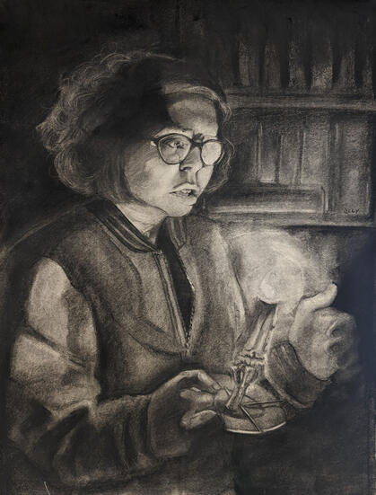 teen slasher movie (2022) charcoal on paper Features modelling work by Andy Alvarado (they/them).