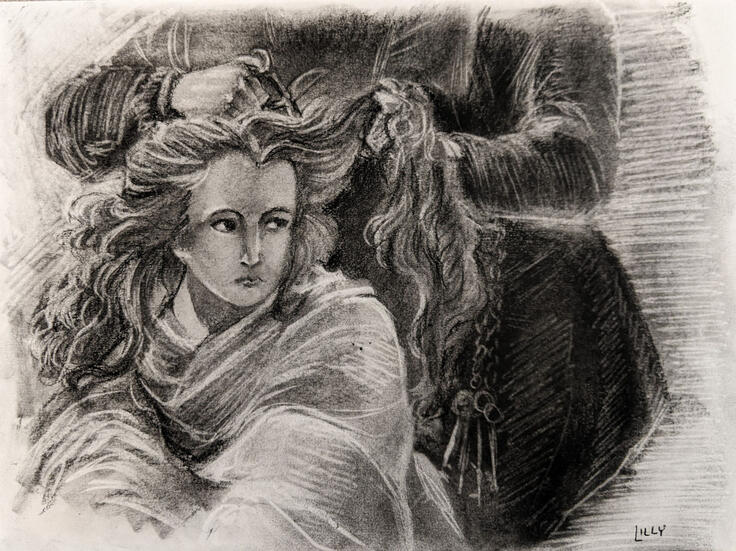 the last toilet of charlotte corday (study) (2022) charcoal on paper After Lumb Stocks's The Last Toilet of Charlotte Corday (c. 1869)