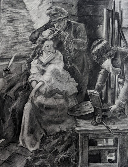the last toilet of charlotte corday (2022) charcoal on paper After Lumb Stocks&#39;s The Last Toilet of Charlotte Corday (c. 1869)