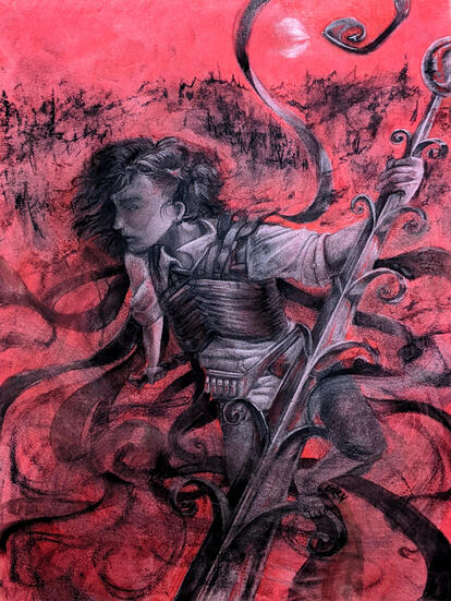 on the hunt. (2022) charcoal and red pastel on paper Features Vin from Mistborn: The Final Empire by Brandon Sanderson