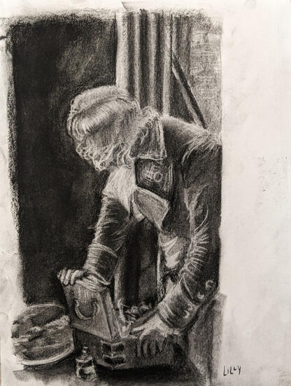 the last toilet of charlotte corday (study) (2022) charcoal on paper After Lumb Stocks&#39;s The Last Toilet of Charlotte Corday (c. 1869)