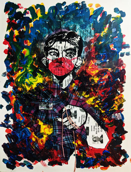 essential (2021) ink, stickers, repurposed shirt, yarn, and acrylic on paper