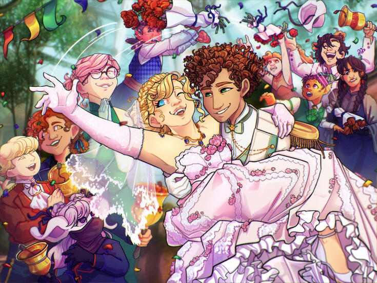 battlefield wedding (2023) digital illustration Uses settings and races from Guild Wars 2.